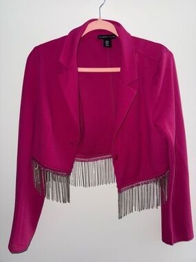 Sincerly Jules Women's Magenta Cropped Blazer with Metallic Fringe
